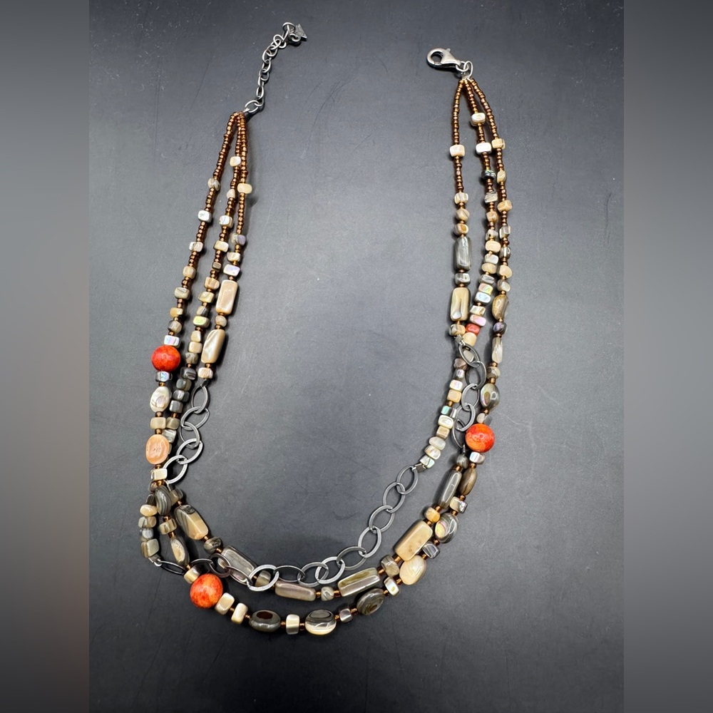 Silpada "Fiesta Fun" Coral Abalone 3 Strand 925 Sterling Silver Necklace N1563